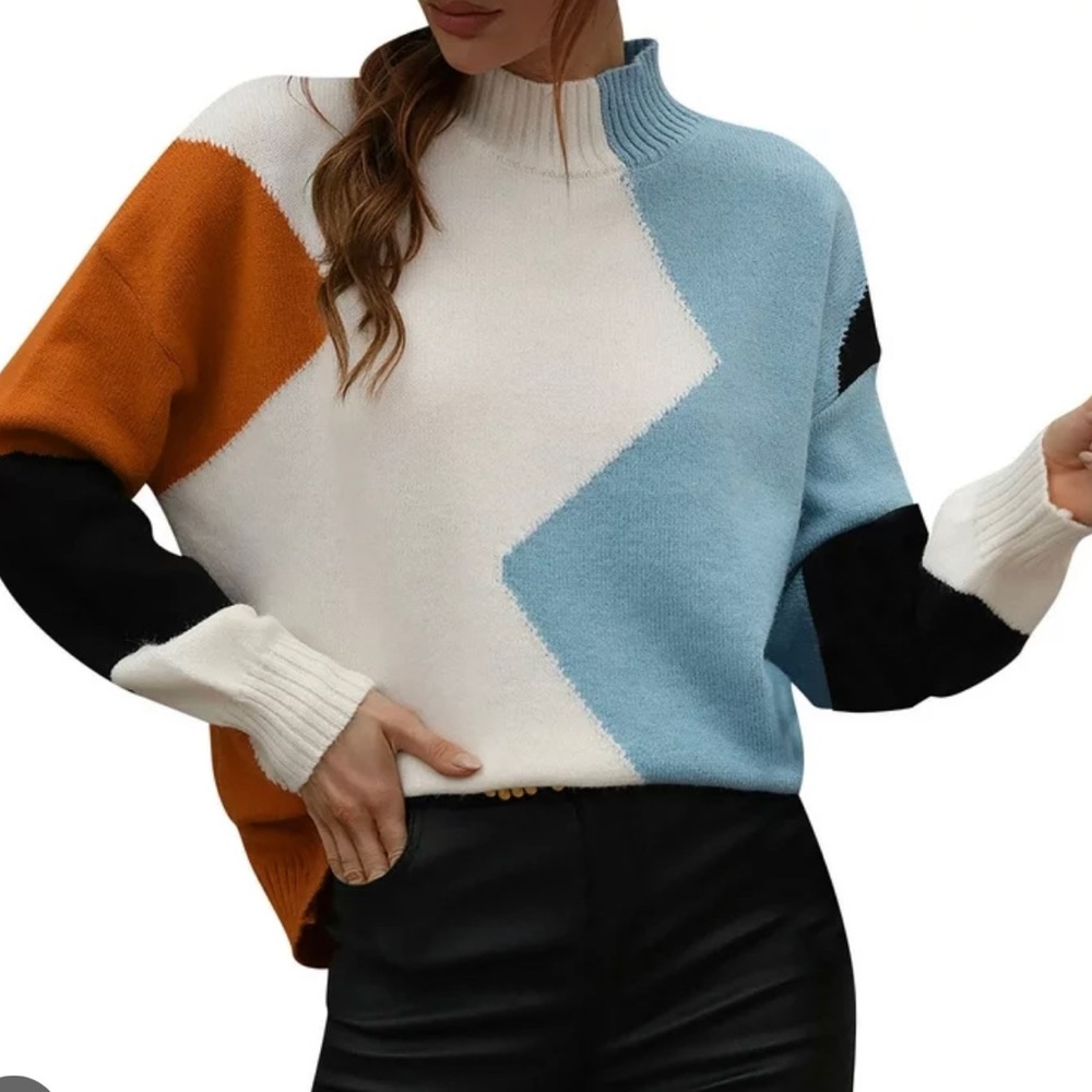 Color Block Mock Neck Sweater